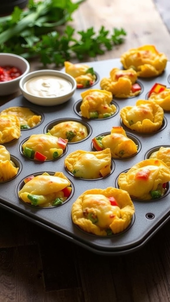 A muffin tin filled with golden oven-baked egg bites with vegetables and cheese.